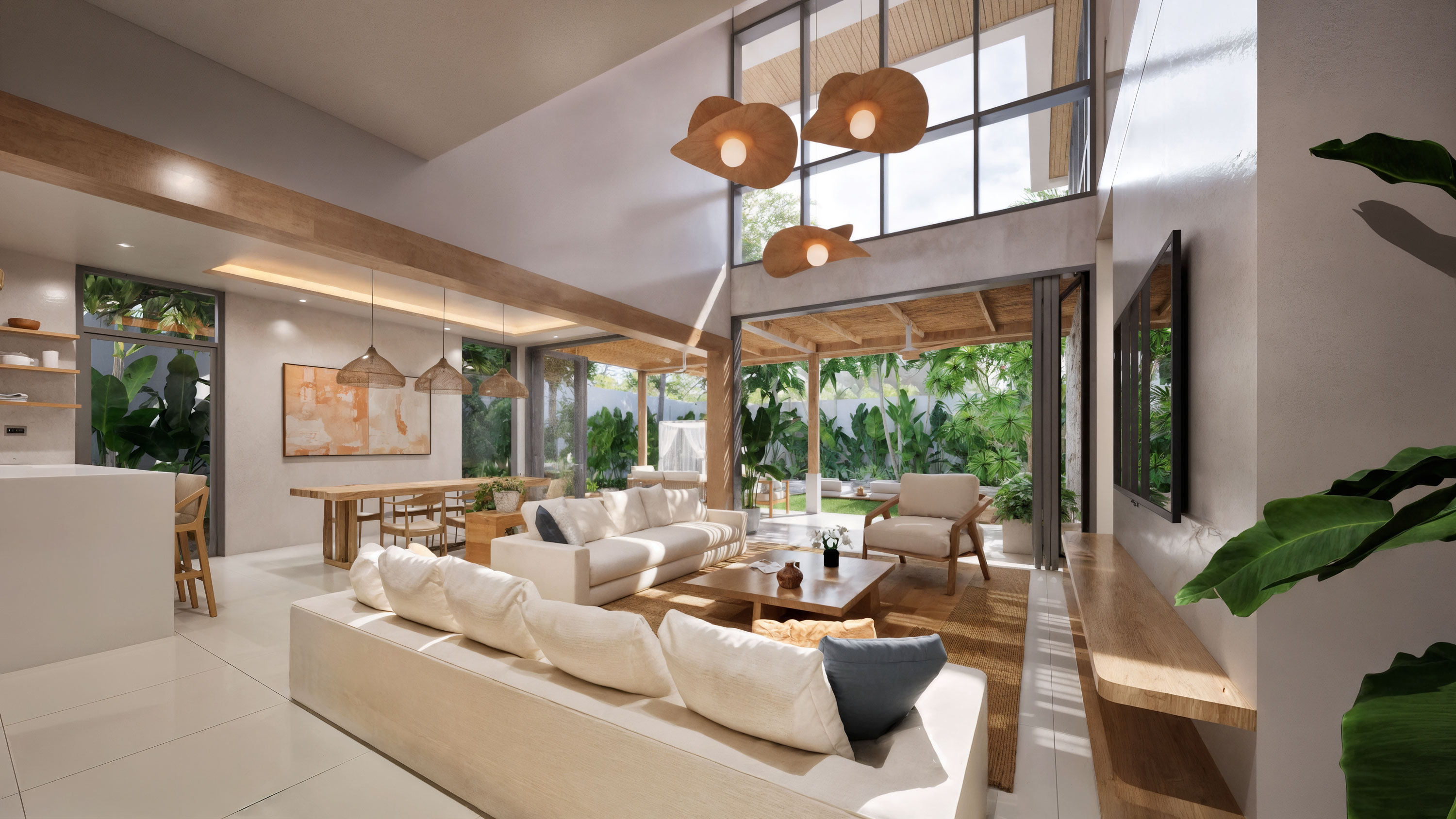 Open-plan living, dining and kitchen — 70 sqm